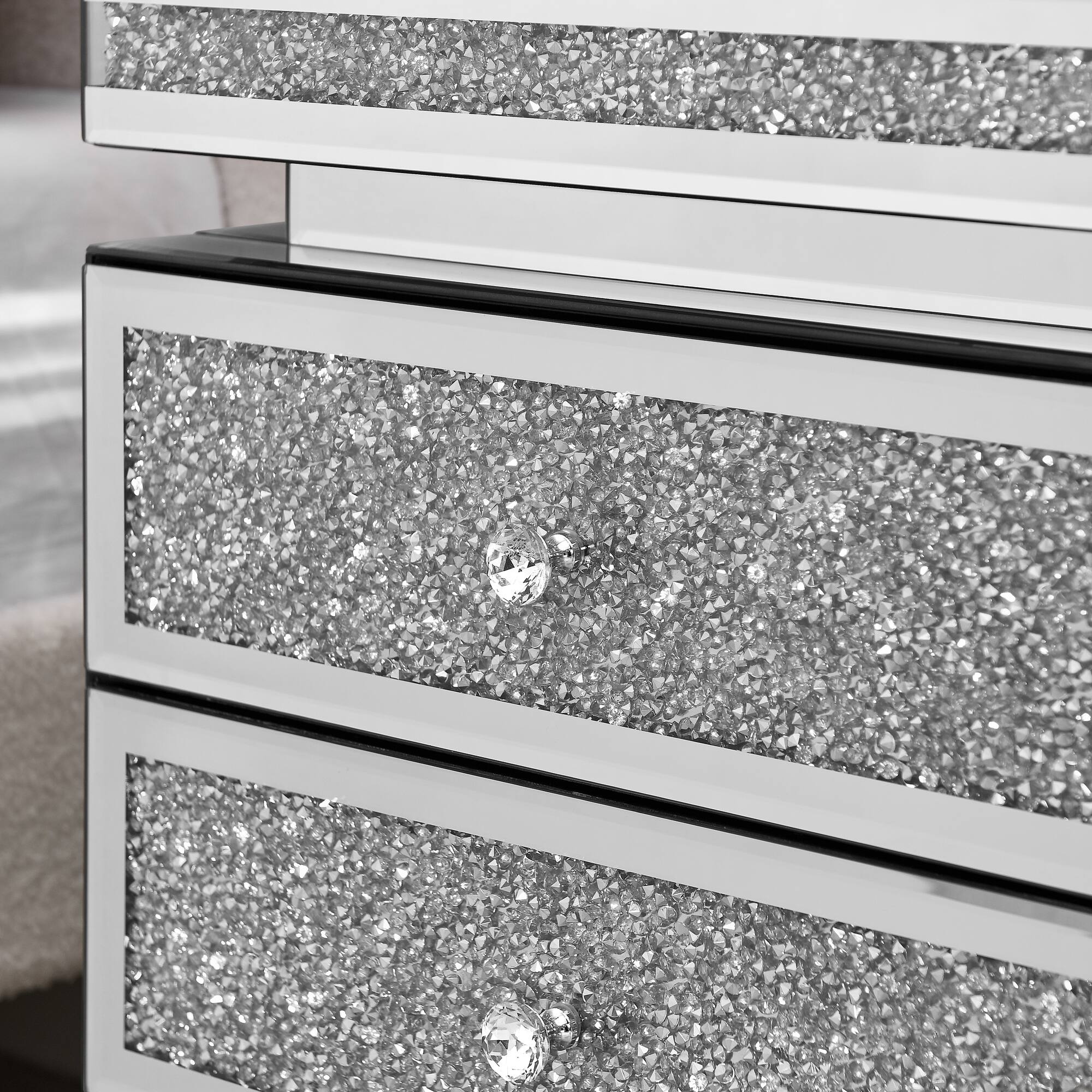 Alt View 4. Spaco - Spaco Mirrored Nightstand with 3 Drawers, Silver Nightstand with Crystal Inlay, Bedside Table, Glass Table for Bedroom - Silver.