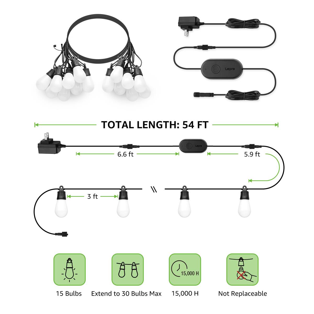 Total Length: 54 FT
Largest: 6.6 ft
Smallest: 3 ft
Light Bulbs: 15,000 H
Maximum Bulbs: 30
Not Replaceable