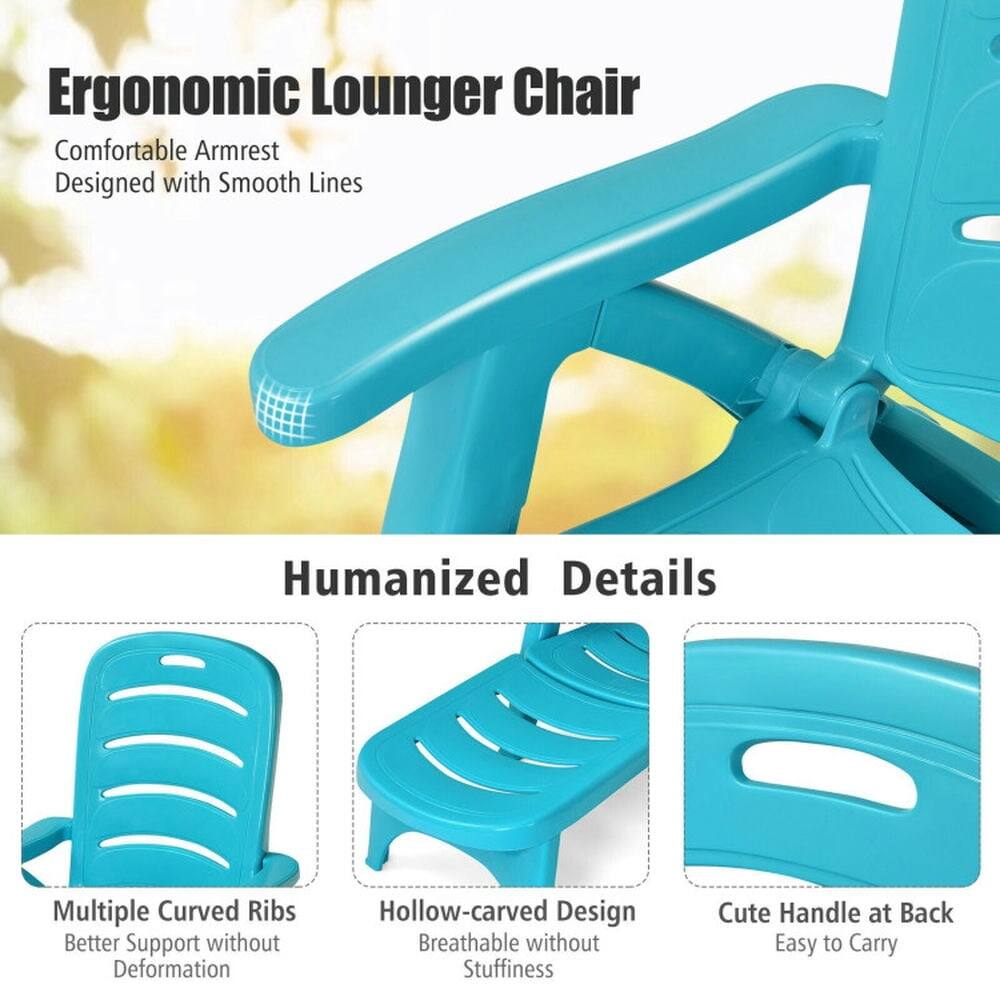 Ergonomic Lounger Chair  
Comfortable Armrest  
Designed with Smooth Lines  

Humanized Details  
Multiple Curved Ribs  
Better Support without Deformation  

Hollow-carved Design  
Breathable without Stuffiness  

Cute Handle at Back  
Easy to Carry