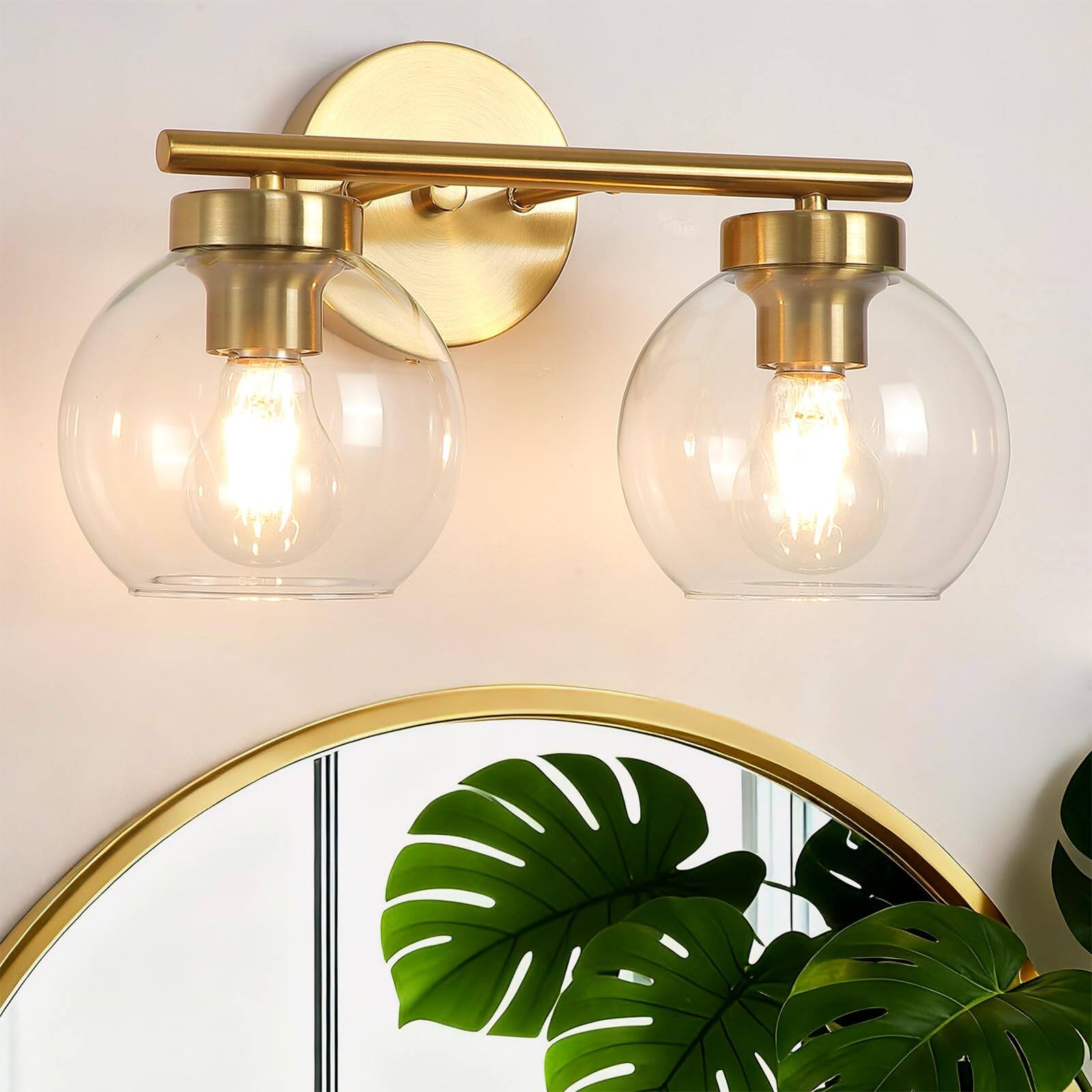 Front. Comfort Essence - Light Bathroom Vanity Fixtures Over Mirror Mid Century Modern Wall Sconce With Frosted Globe Glass Shades B - Gold & Clear Glass 2-Light.