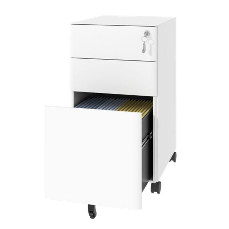 Alt View 6. HTUTWOO - Mobile File Cabinet with Lock -3-Drawer All-Steel Storage on Wheels,Two Shallow and One Drawer,Anti-Tip,110 lbs Capacity - White.
