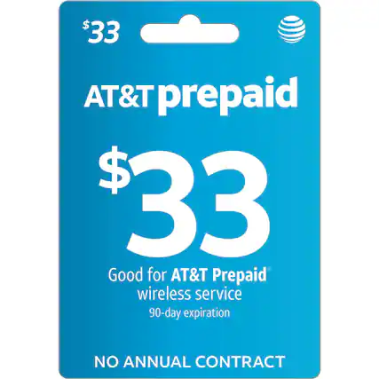 $33 AT&T prepaid
$33
Good for AT&T Prepaid wireless service
90-day expiration
NO ANNUAL CONTRACT