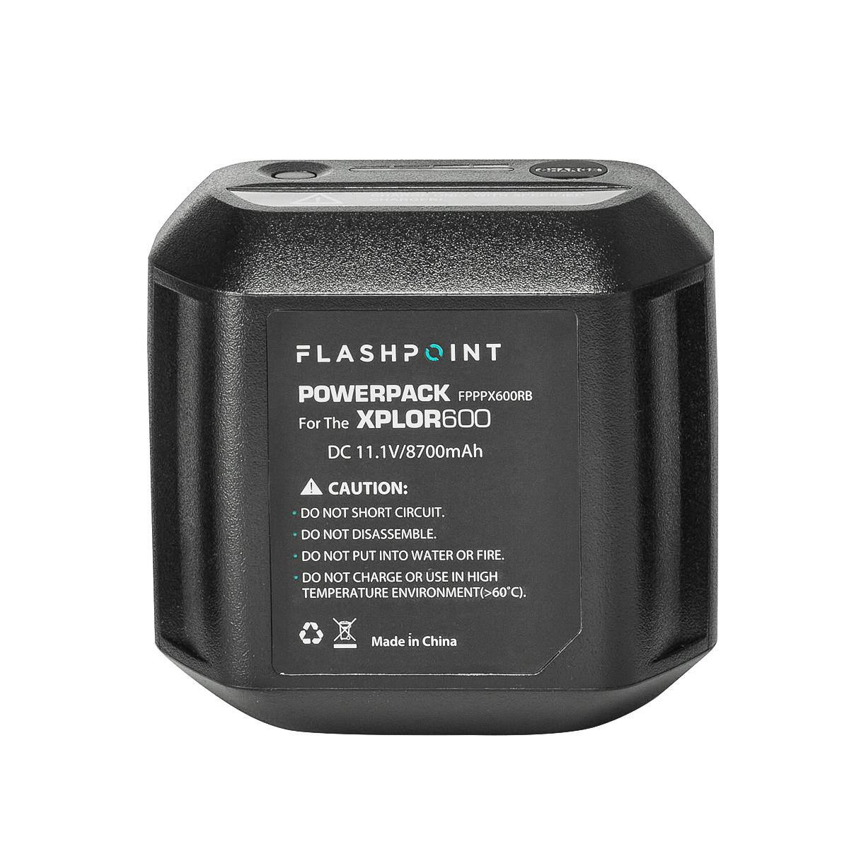 FLASHPOINT  
POWERPACK  
FPPX600RB  
For The XPLOR600  
DC 11.1V/8700mAh  

CAUTION:  
- DO NOT SHORT CIRCUIT.  
- DO NOT DISASSEMBLE.  
- DO NOT PUT INTO WATER OR FIRE.  
- DO NOT CHARGE OR USE IN HIGH TEMPERATURE ENVIRONMENT (>60°C).  

Made in China