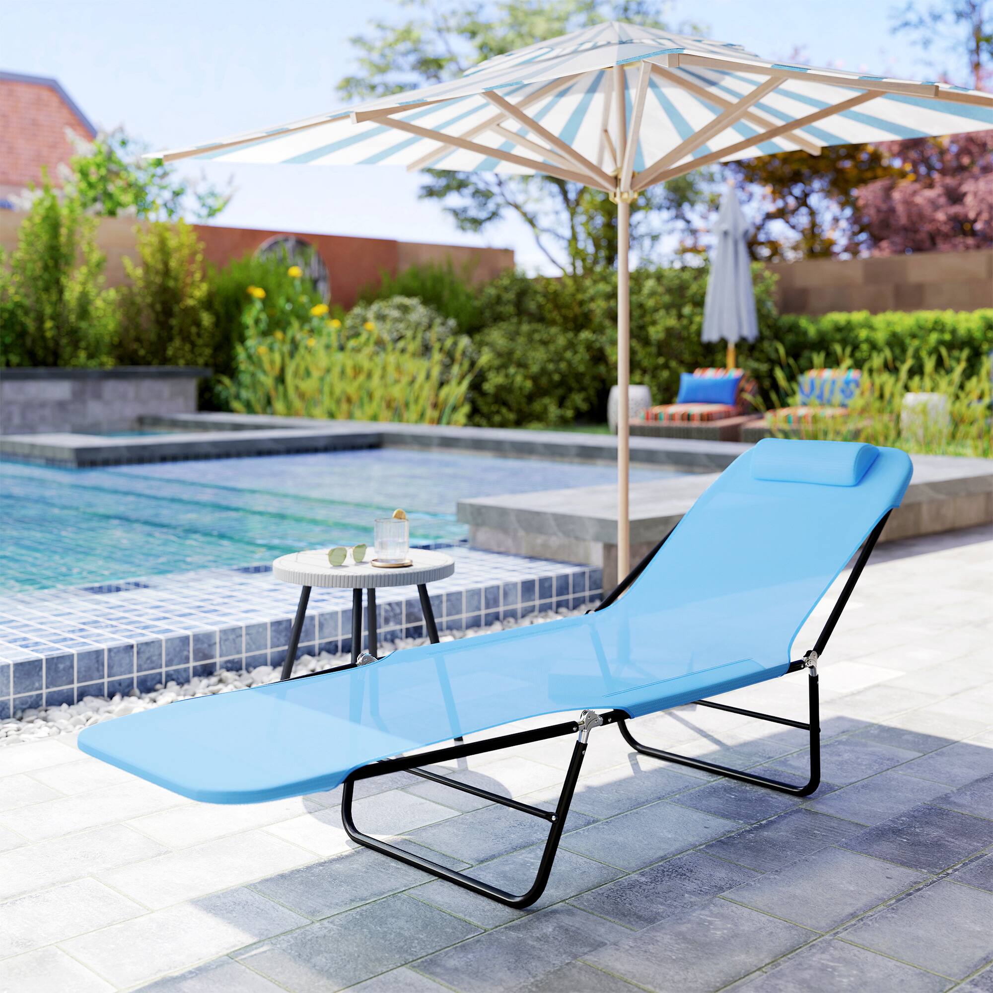 Alt View 7. Outsunny - Folding Chaise Lounge Chair, Pool Sun Tanning Chair, Outdoor Lounge Chair with Reclining Back, Breathable Mesh Seat - Blue.