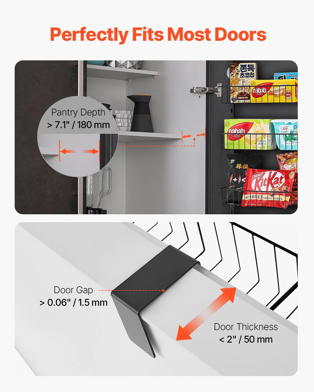 Perfectly Fits Most Doors

Pantry Depth > 7.1" / 180 mm

Door Gap > 0.06" / 1.5 mm

Door Thickness < 2" / 50 mm
