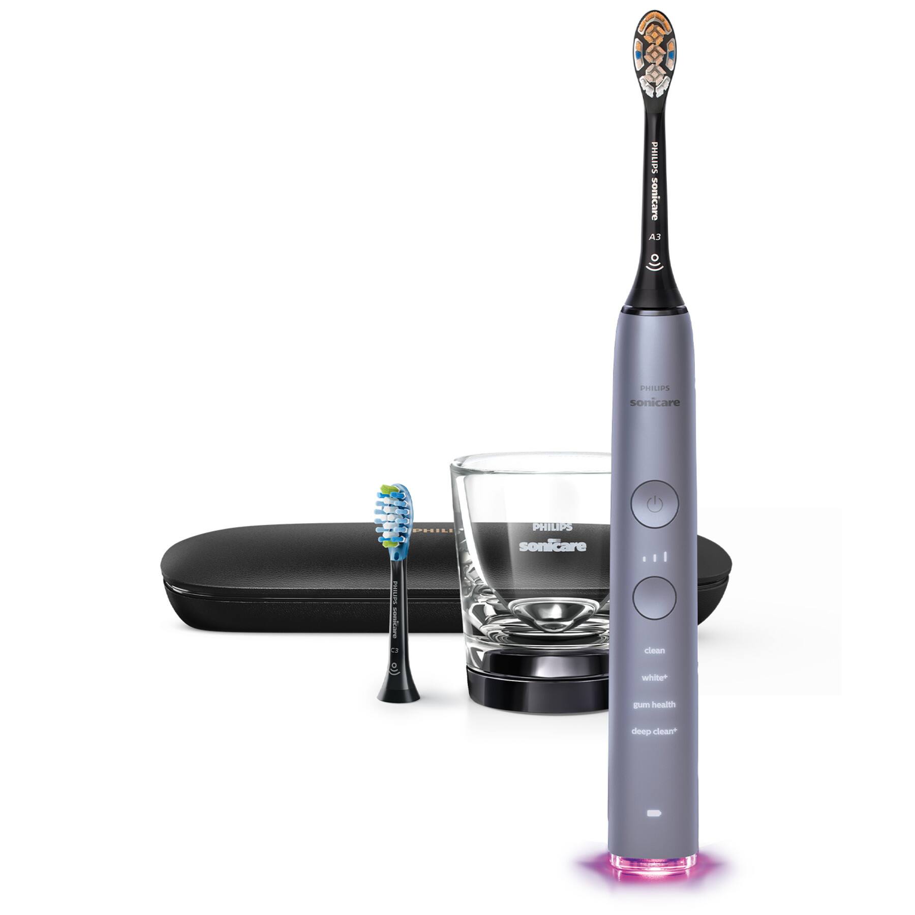 Left. Philips Sonicare - Philips Sonicare DiamondClean Smart Electric, Rechargeable Toothbrush for Complete Oral Care – 9300 Series - Grey.