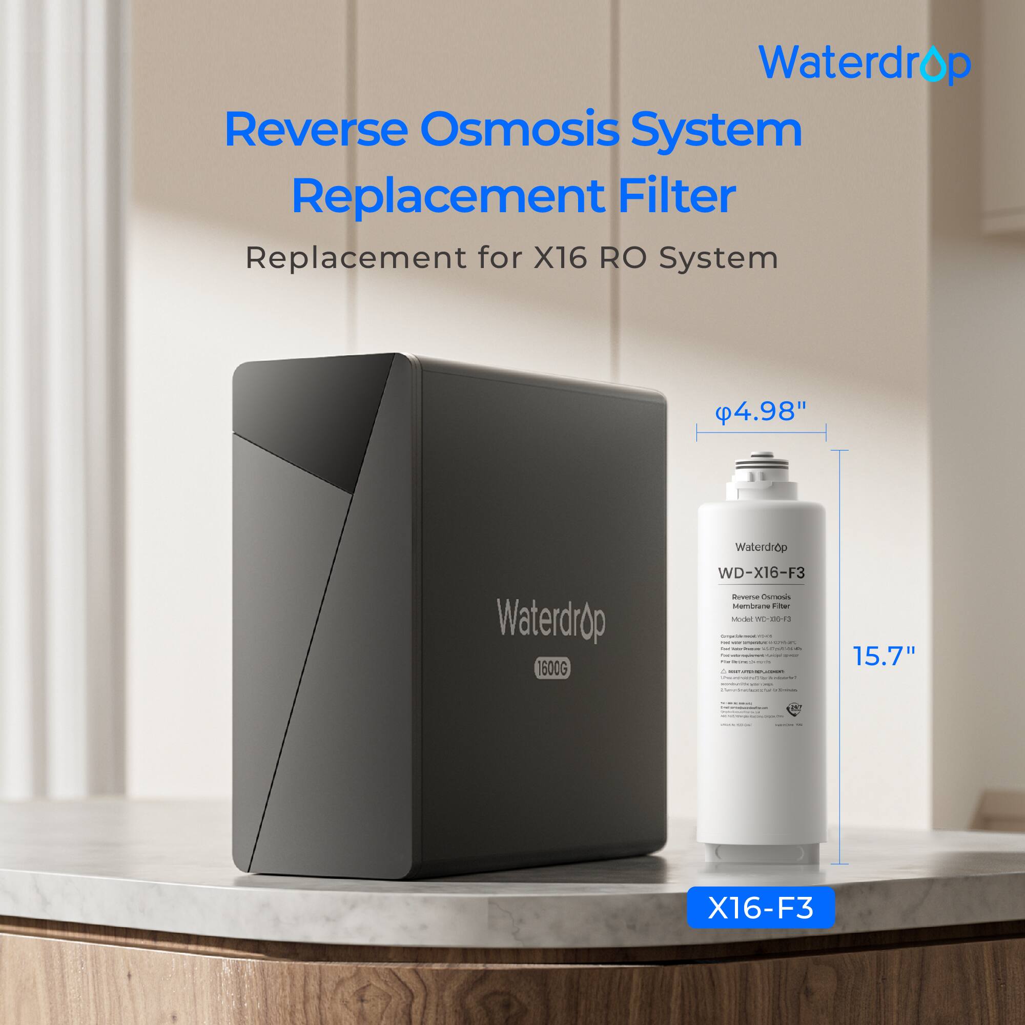 Waterdrop Reverse Osmosis System Replacement Filter Replacement for X16 RO System 4.98" Waterdrop 500G WD-X16-F3 15.7" X16-F3