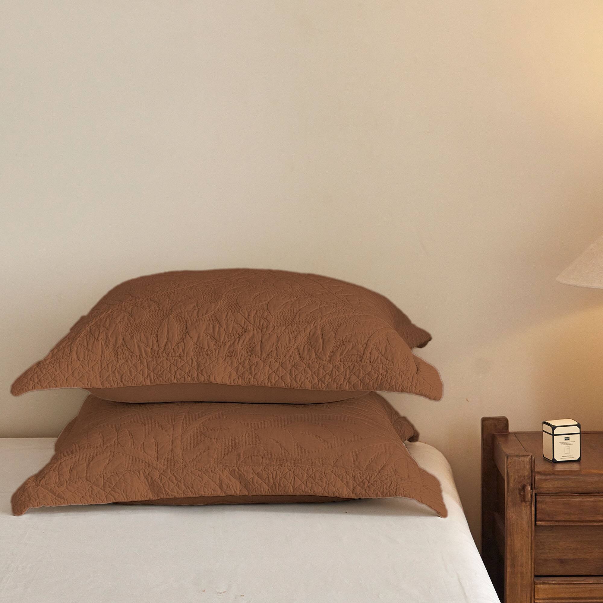 Alt View 1. MarCielo - 100% Cotton Embroidered Quilted Pillow Shams Set of 2, 26"x26" Euro Size - Orange.