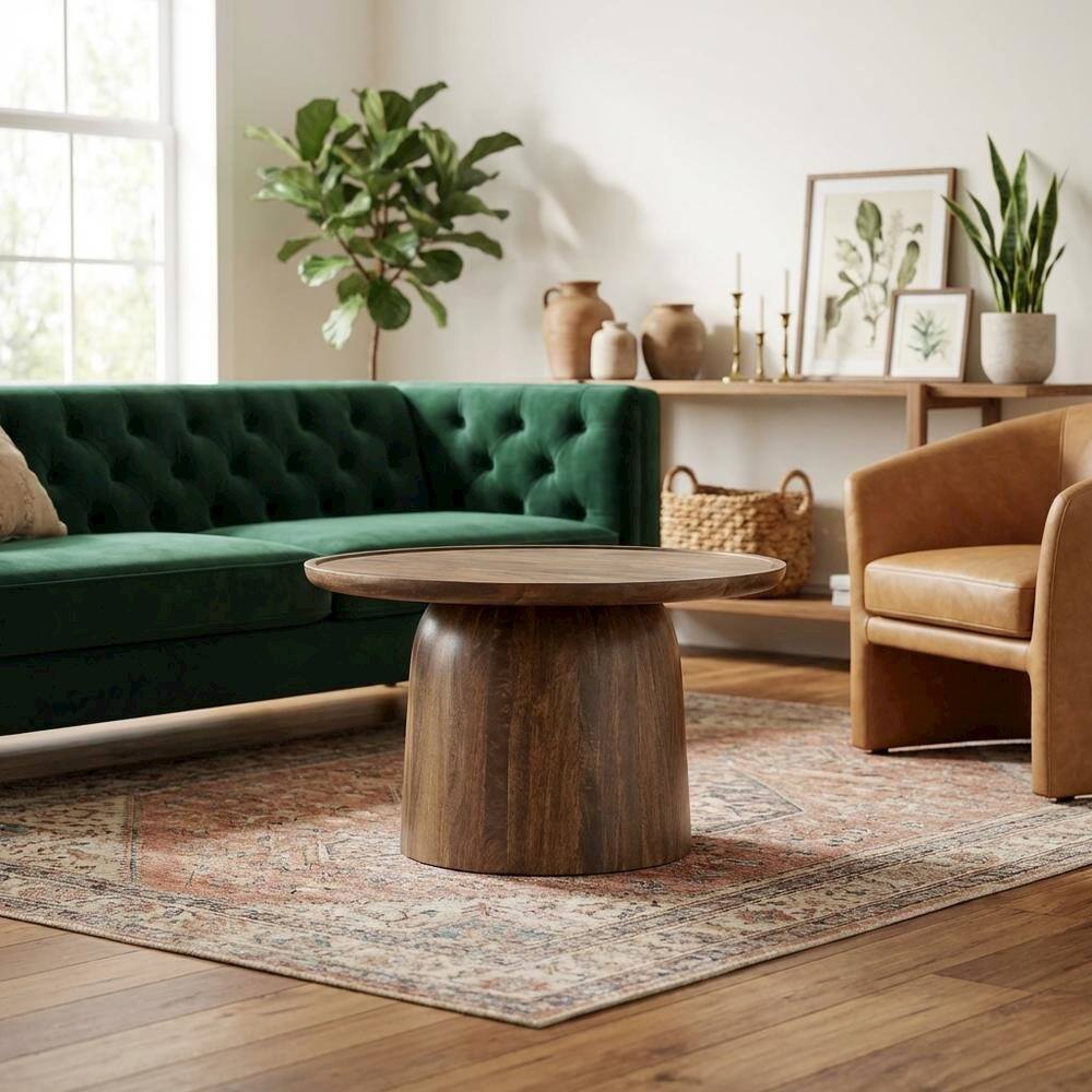 Angle. FurniFact - Round Wood Coffee Table with Sleek Design and Solid Oak Finish - Brown.