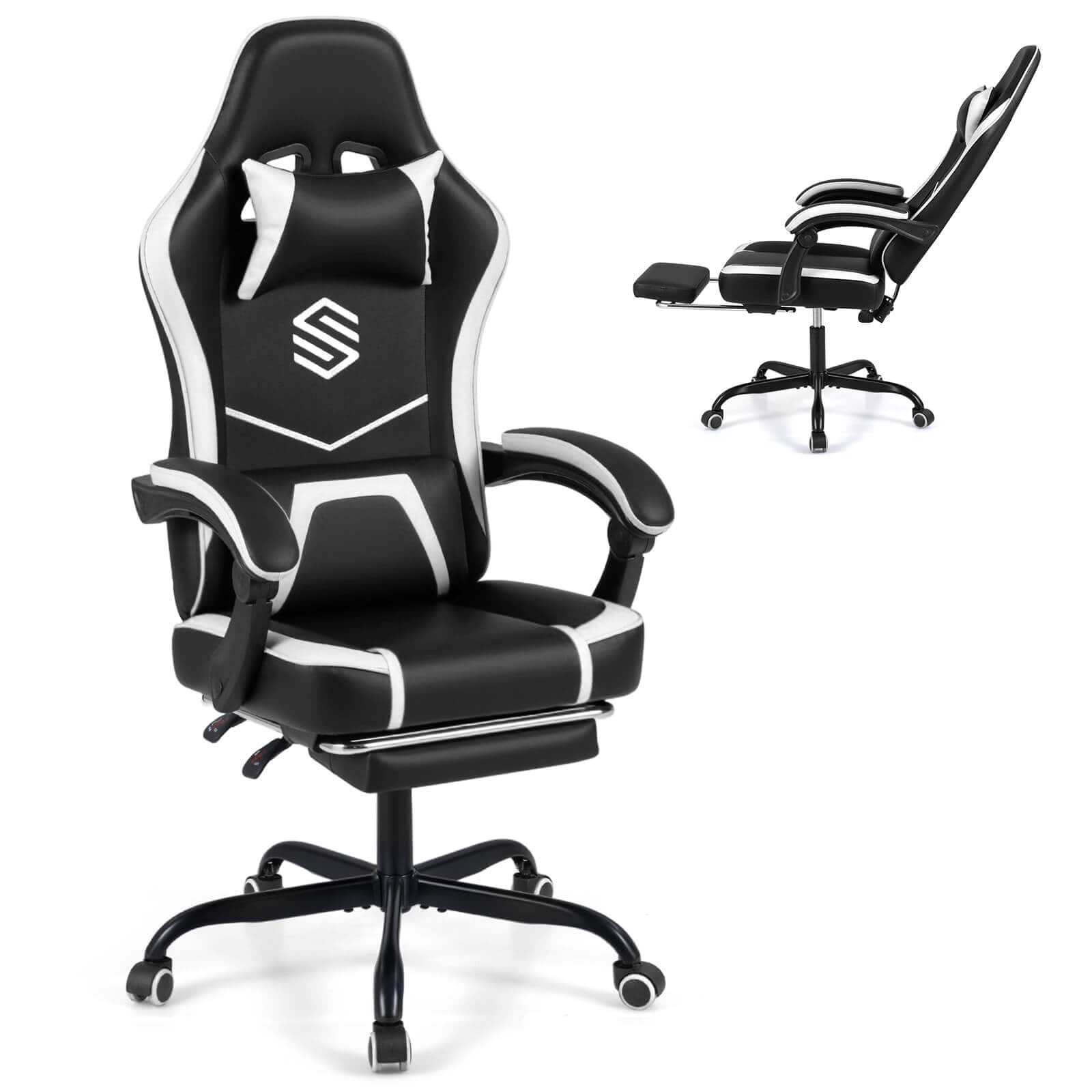 Front. Costway - Costway Gaming Chair with Headrest, Lumbar Support, Linkage Armrests, Reclining Backrest - Black,White.