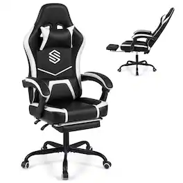 Costway - Gaming Chair with Headrest, Lumbar Support, Linkage Armrests, Reclining Backrest - Black,White