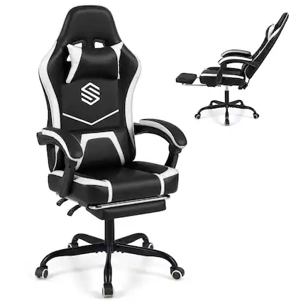 Front. Costway - Costway Gaming Chair with Headrest, Lumbar Support, Linkage Armrests, Reclining Backrest - Black,White.