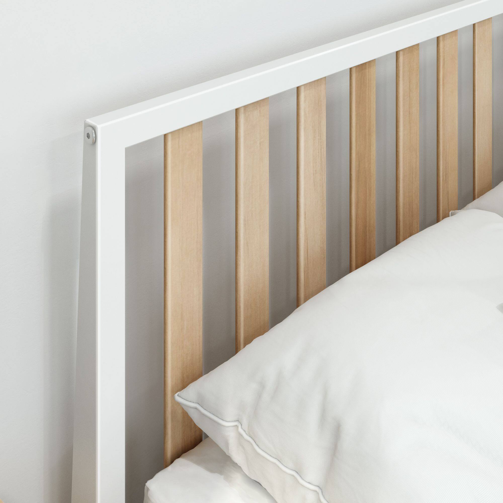 Alt View 4. Plank+Beam - Scandinavian Queen-Size Bed with Slatted Headboard, White/Blonde - White/Blonde.