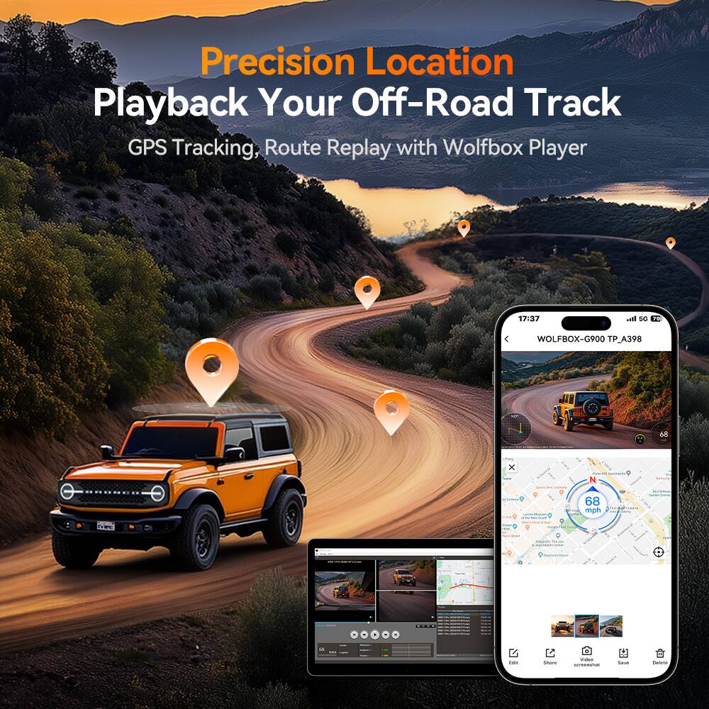 Precision Location  
Playback Your Off-Road Track  
GPS Tracking, Route Replay with Wolfbox Player  

17:37  
WOLFBOX-G900 TP_A398  
68 mph  

Share  
Edit  
Video  
Delete