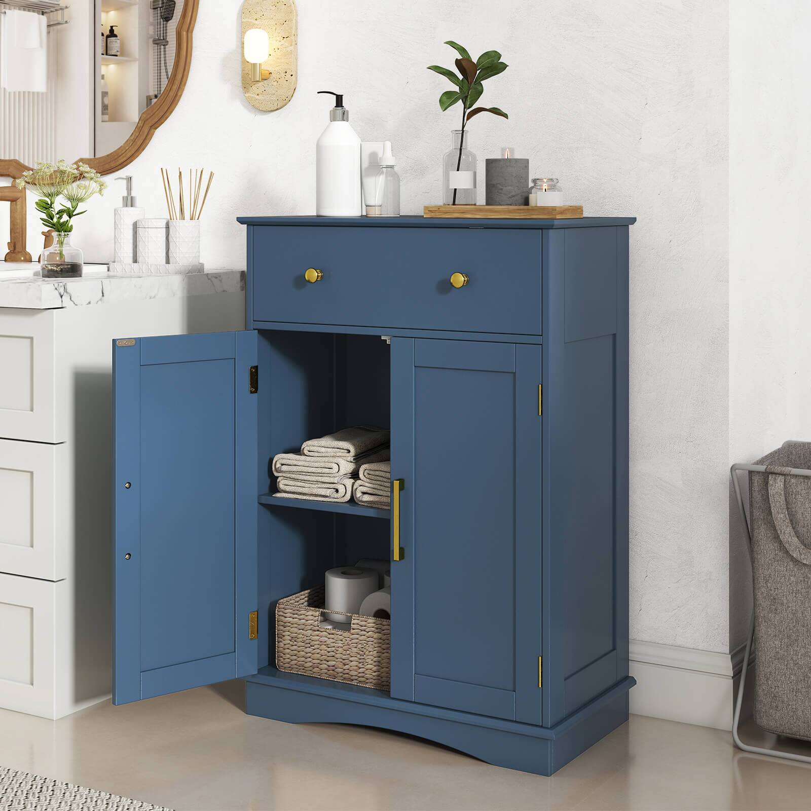 Alt View 3. Costway - Costway Bathroom Floor Cabinet Modern Storage Cabinet with Large Pull-out Drawer,2 Doors - Blue.