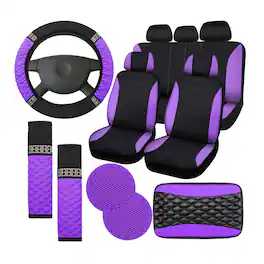Empire DigiLabs - 17 Car Accessories Set For Women Seat Bling Leather Steering Wheel Cover Belt Shoulder Pad Armrest Cup Hold - Purple and Black