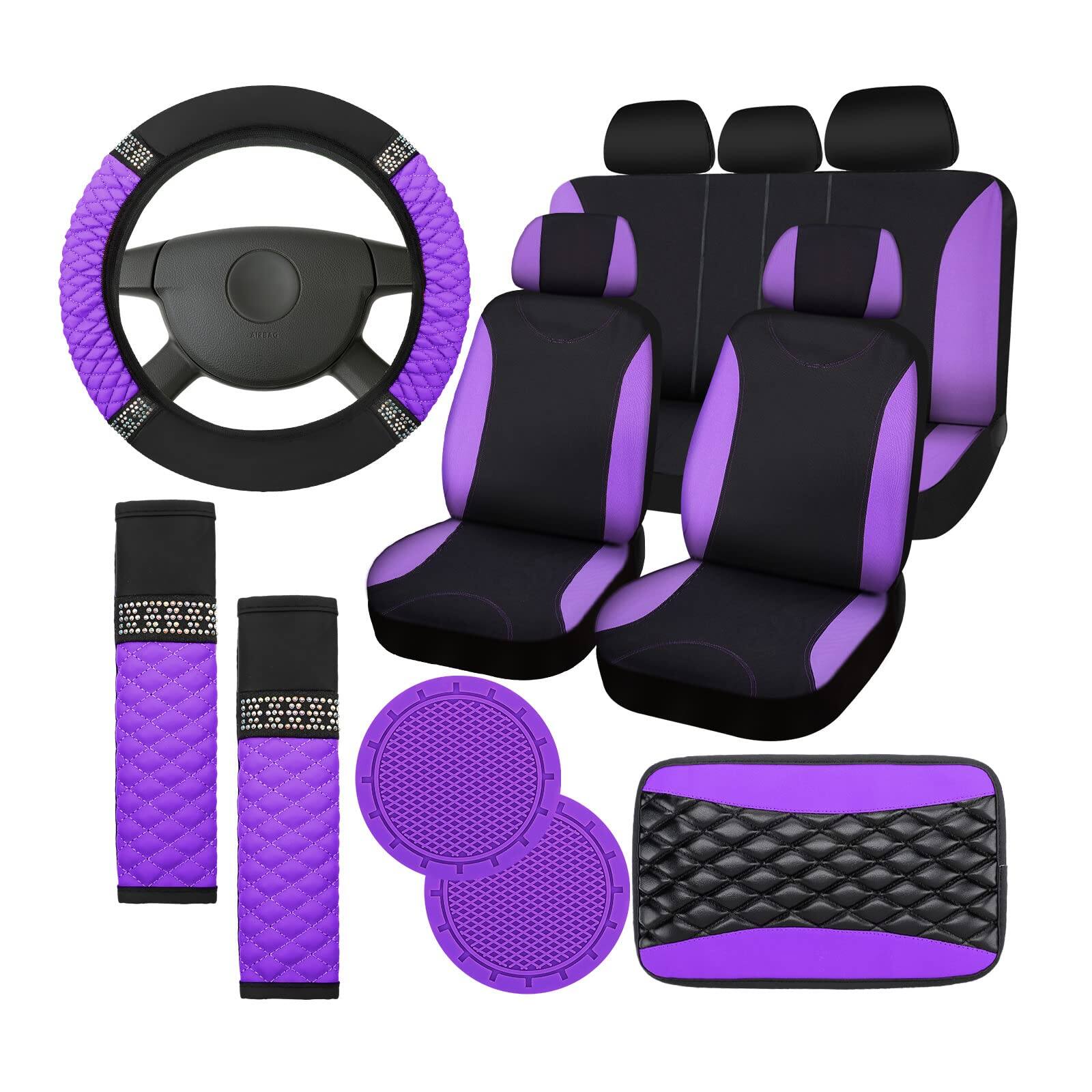 Front. Empire DigiLabs - 17 Car Accessories Set For Women Seat Bling Leather Steering Wheel Cover Belt Shoulder Pad Armrest Cup Hold - Purple and Black.