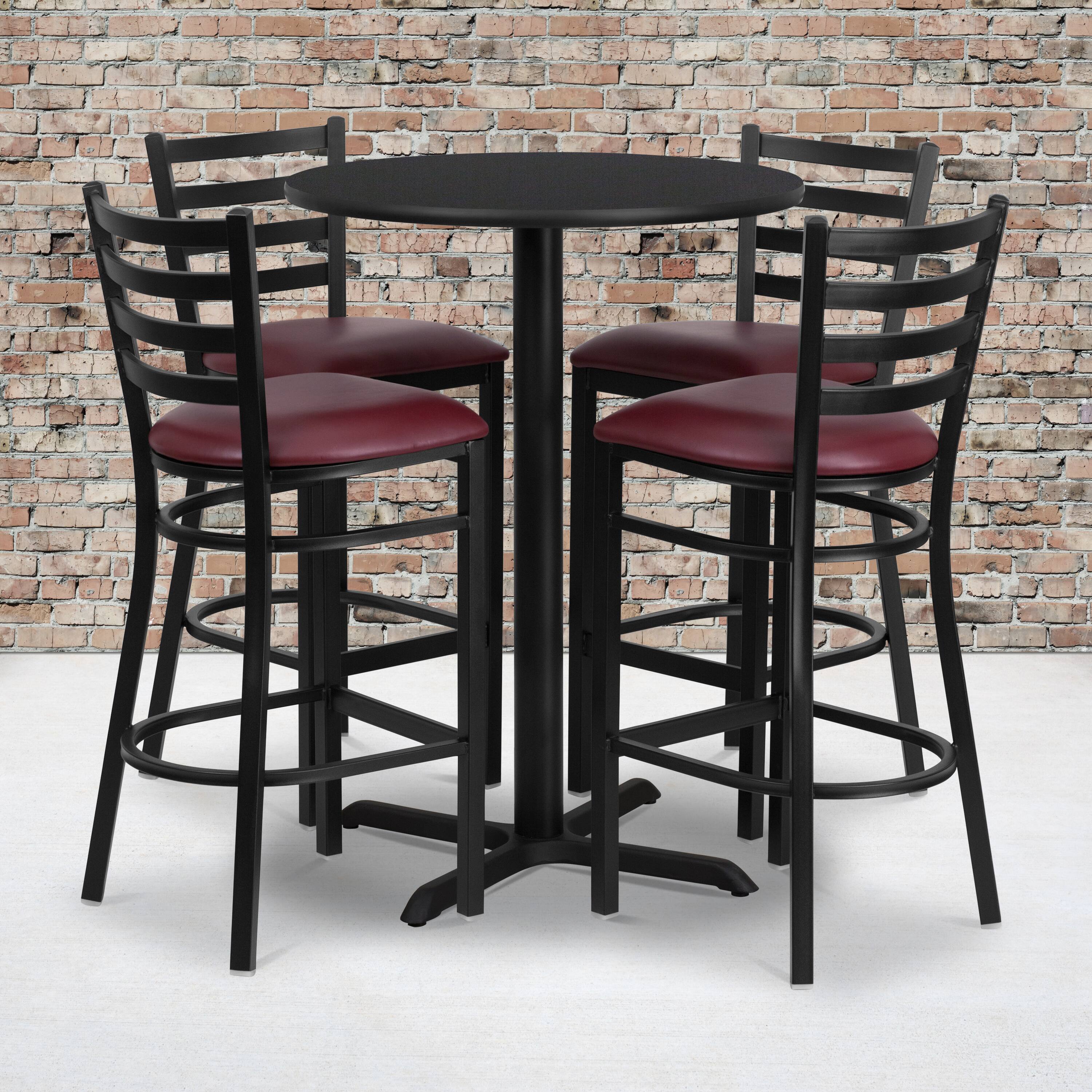 Alt View 1. Emma + Oliver - 30" Round Laminate Table Set with X-Base and 4 Ladder Back Stools - Black Top/Burgundy Vinyl Seat.