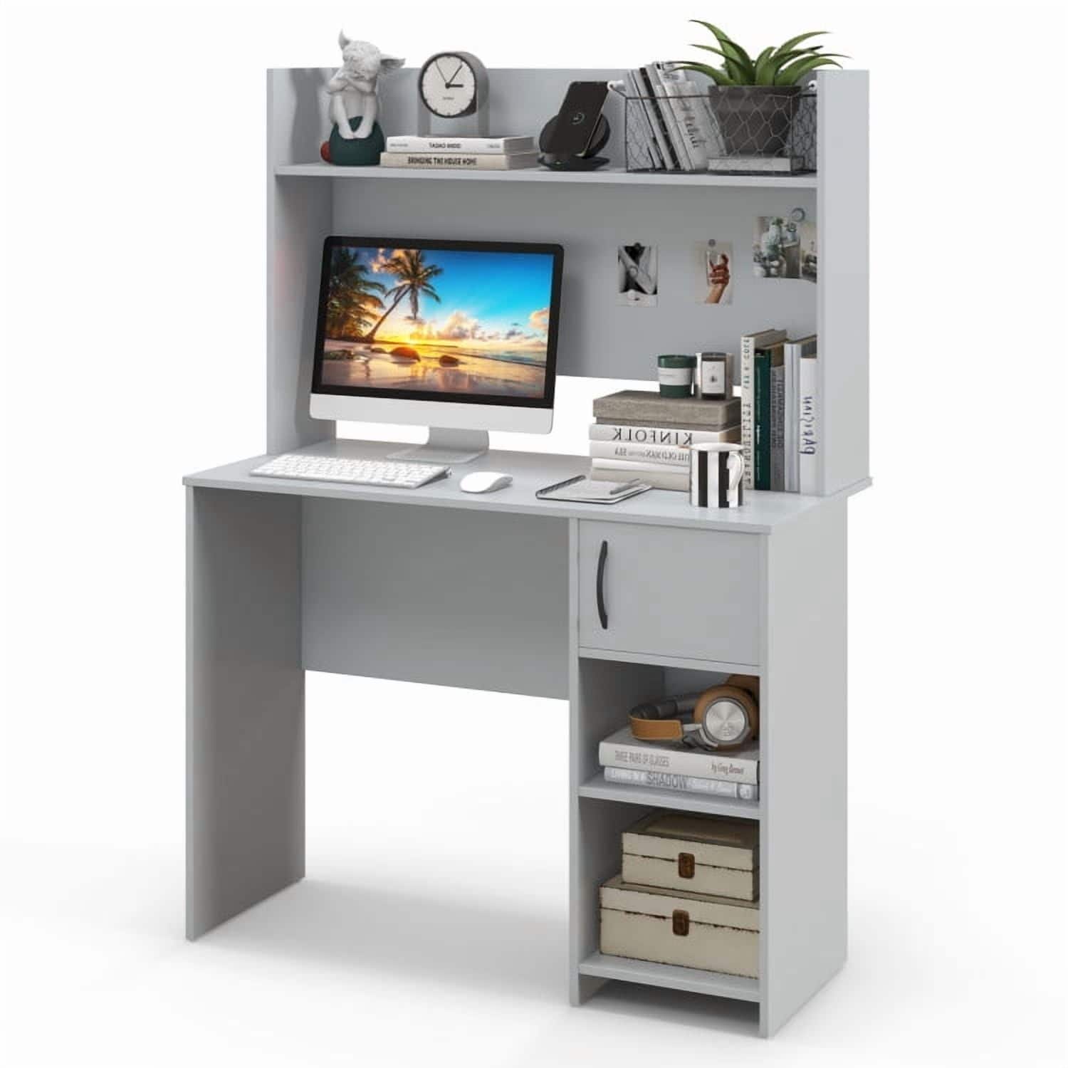 Pefilos - Home Office Desk with Raised Display Shelf & 2 Open Shelves- Office Desk, Gaming Computer Desks for Study, Working - Gray