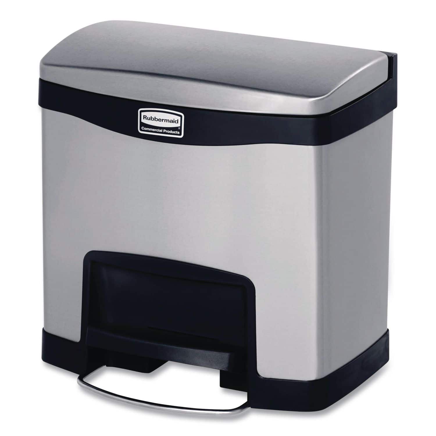 RubberMaid - Slim Jim Stainless Steel Step-On Container, Front Step Style, 4 gal, Stainless Steel, Black