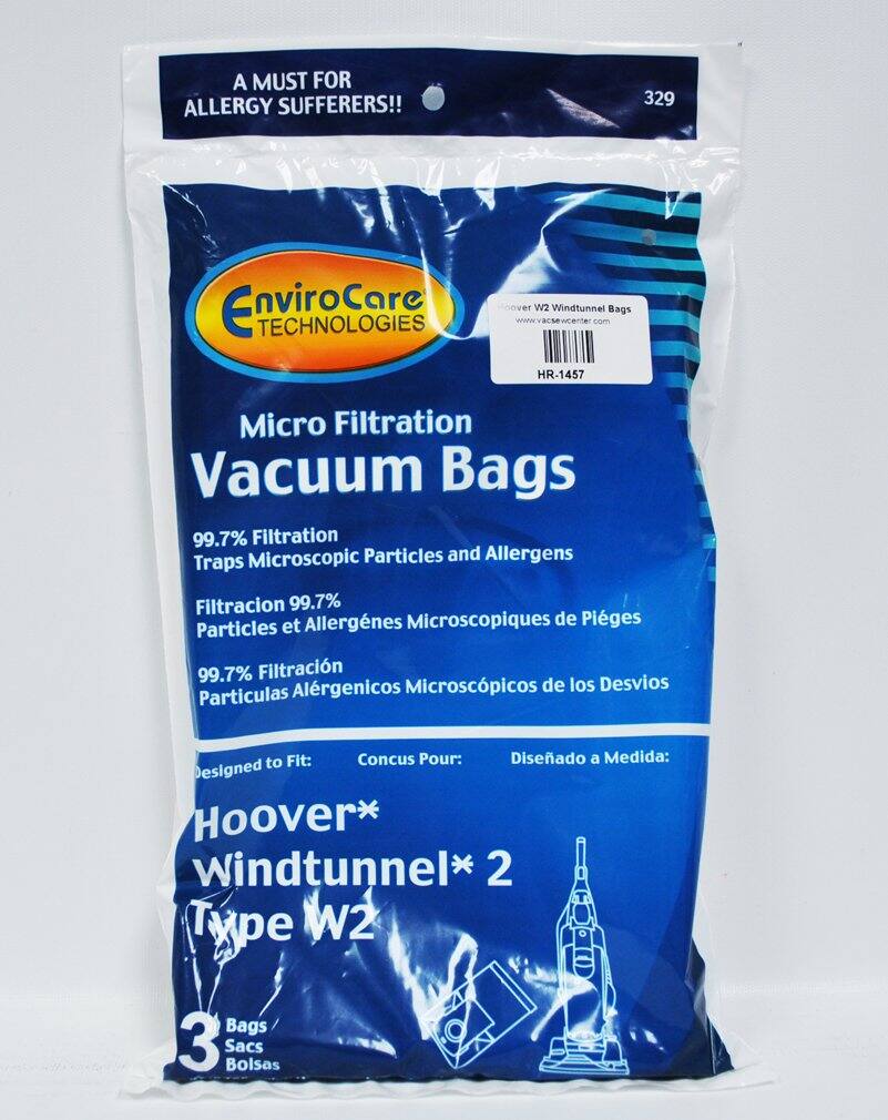 A MUST FOR ALLERGY SUFFERERS!!  
329 EnviroCare TECHNOLOGIES  
Micro Filtration Vacuum Bags  
99.7% Filtration Microscopic Particles and Allergens  
Traps  
Filtración 99.7% Partículas et Allergenes Microscopiques de Pièges  
99.7% Filtración Partículas Alérgenicos Microscópicos de los Desvios  
Designed to Fit:  
Concus Pour:  
Diseñado a Medida:  
Hoover* Windtunnel* 2 Type W2  
3 Bags / Sacs Bolsas