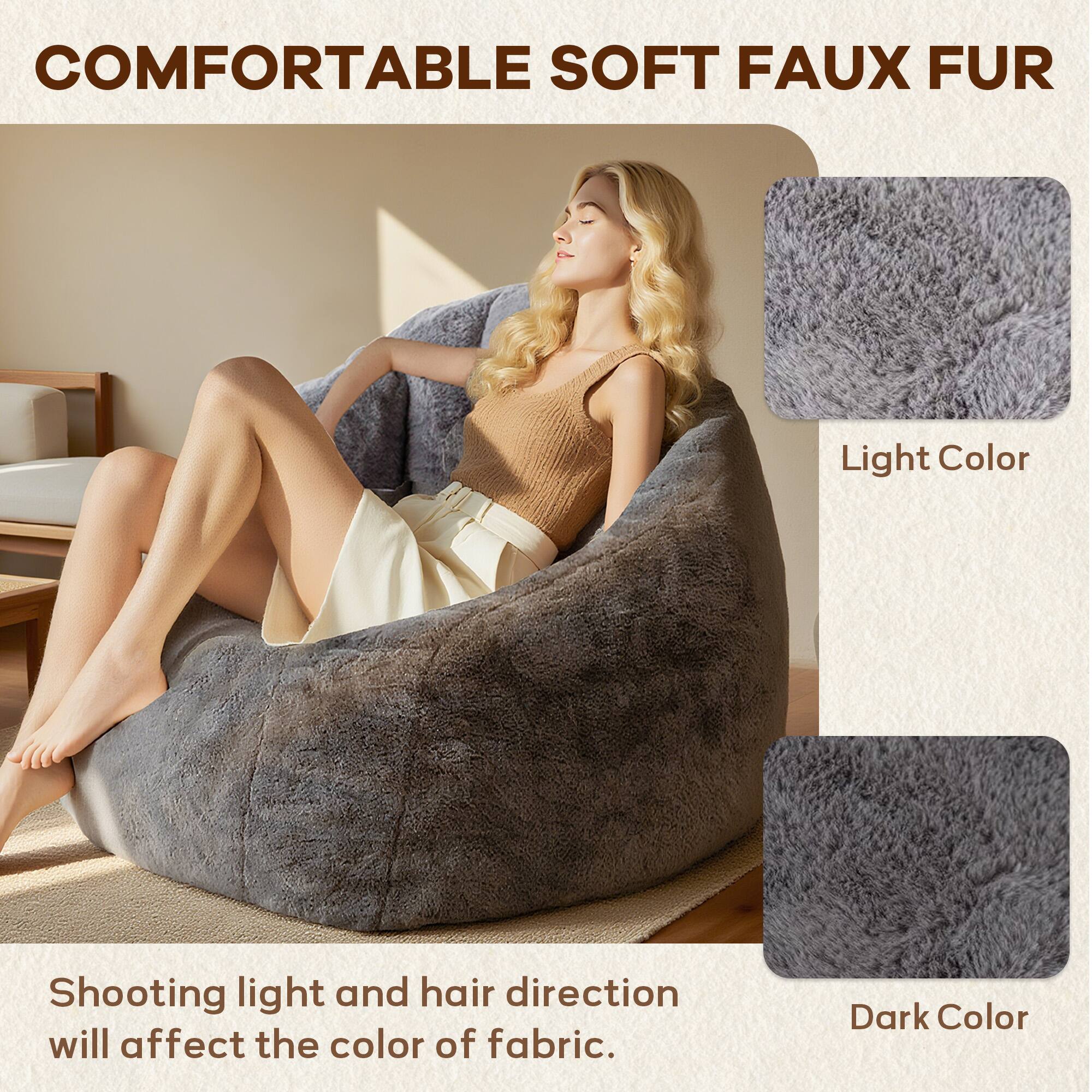 COMFORTABLE SOFT FAUX FUR

Light Color

Dark Color

Shooting light and hair direction will affect the color of fabric.