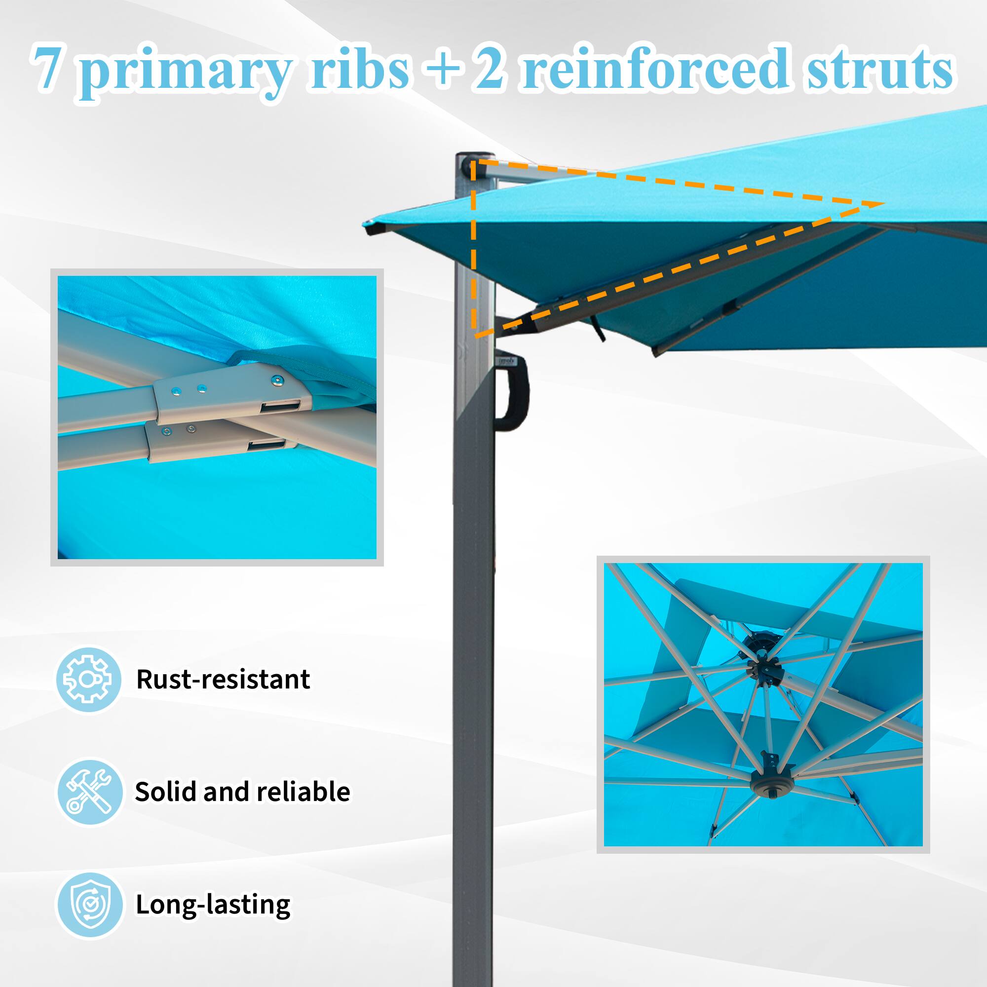 7 primary ribs + 2 reinforced struts

- Rust-resistant
- Solid and reliable
- Long-lasting