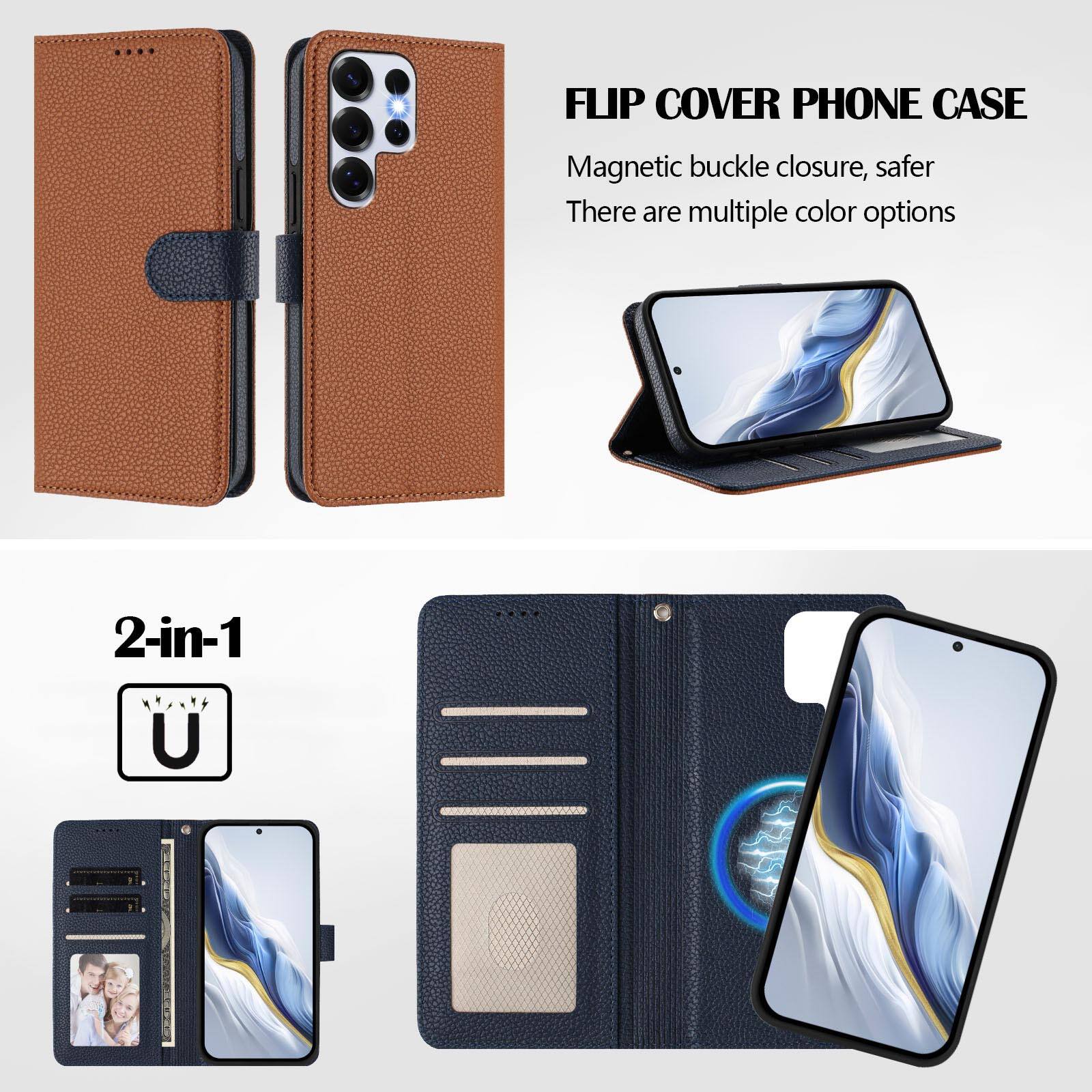 FLIP COVER PHONE CASE  
Magnetic buckle closure, safer  
There are multiple color options  

2-in-1
