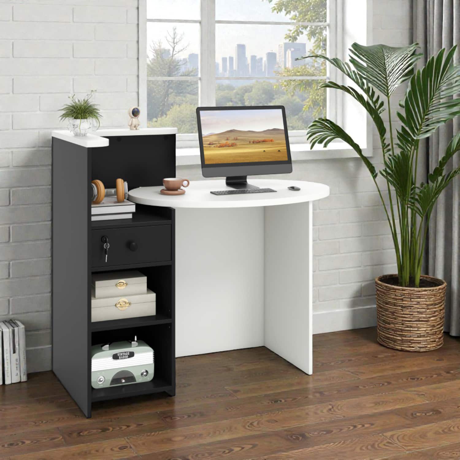 Hivvago - Office Front Desk with Accessible Shelves and Lockable Storage Compartment - Black