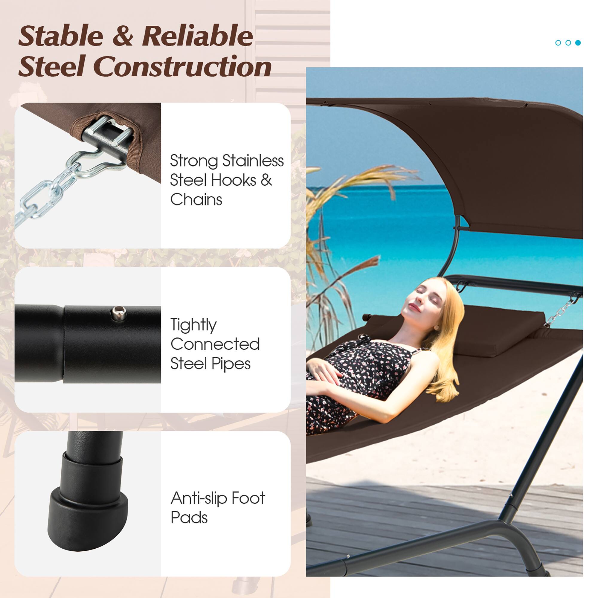 Stable & Reliable Steel Construction
Strong Stainless Steel Hooks & Chains
Tightly Connected Steel Pipes
Anti-slip Foot Pads