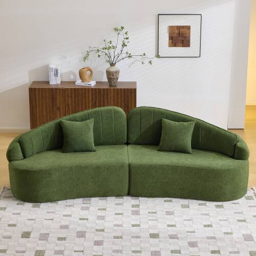Front. Anysun - Curved 4-Seat Compressed Chenille Sofa - Long-Lasting Support, Removable Backrest, Retro Style for Small Spaces - Green.