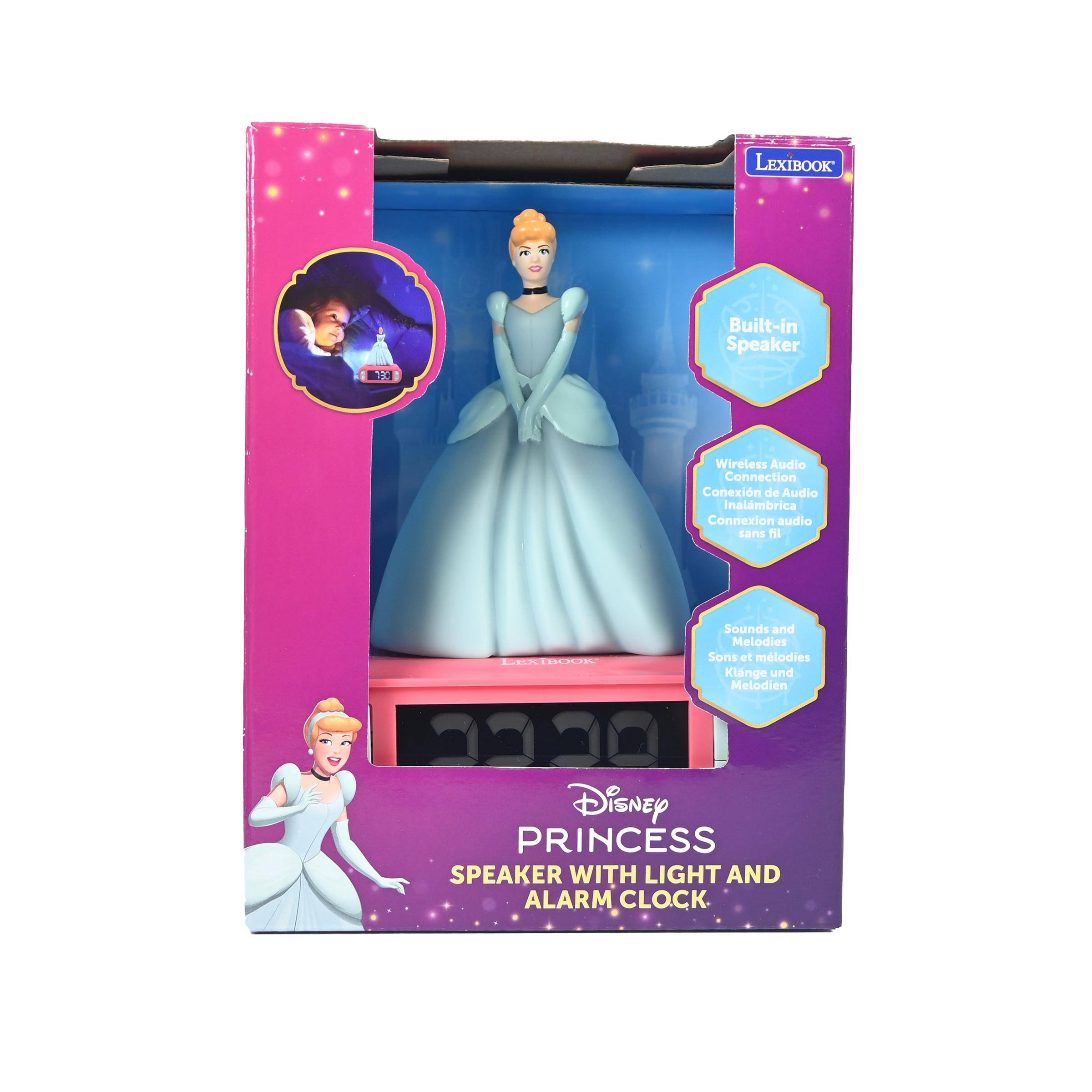 LEXIBOOK

Built-in Speaker

Wireless Audio Connection
Conexin de Audio Inalmbrica
Connexion audio sans fil

LEXIBOOK

Sounds and Melodies
Sons et mlodies
Klnge und Melodien

Disney PRINCESS SPEAKER WITH LIGHT AND ALARM CLOCK