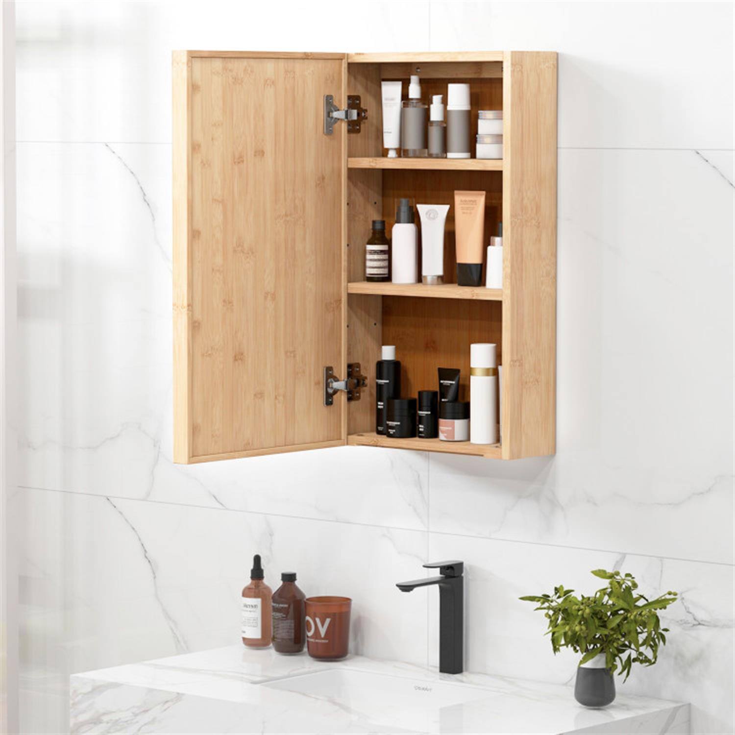 Alt View 5. Pefilos - Bamboo Bathroom Medicine Cabinet with Mirror, Wall Mounted Single Mirror Door Storage Cabinet with 2 Adjustable Shelf - Beige.