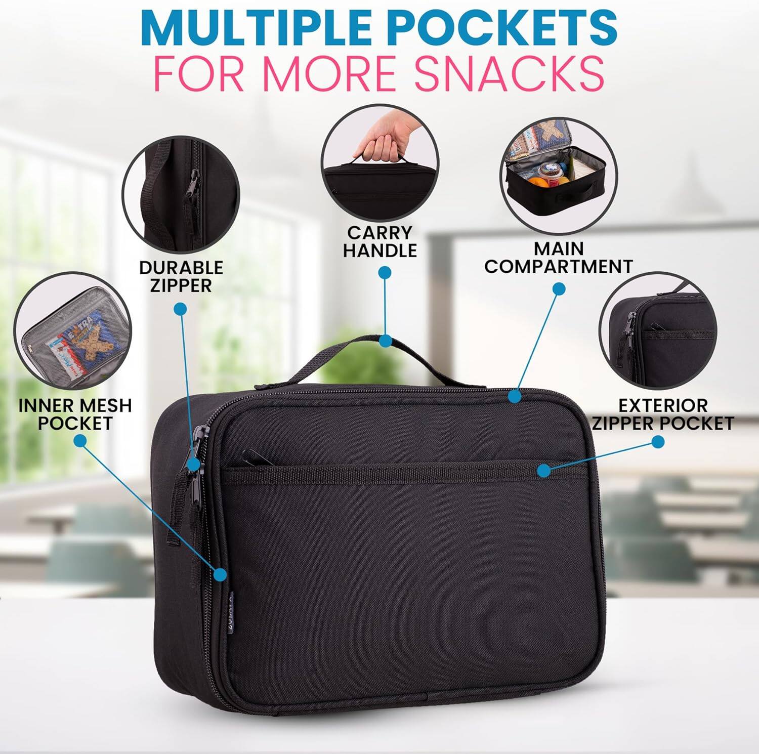 MULTIPLE POCKETS FOR MORE SNACKS
DURABLE ZIPPER
CARRY HANDLE
MAIN COMPARTMENT
INNER MESH POCKET
EXTERIOR ZIPPER POCKET