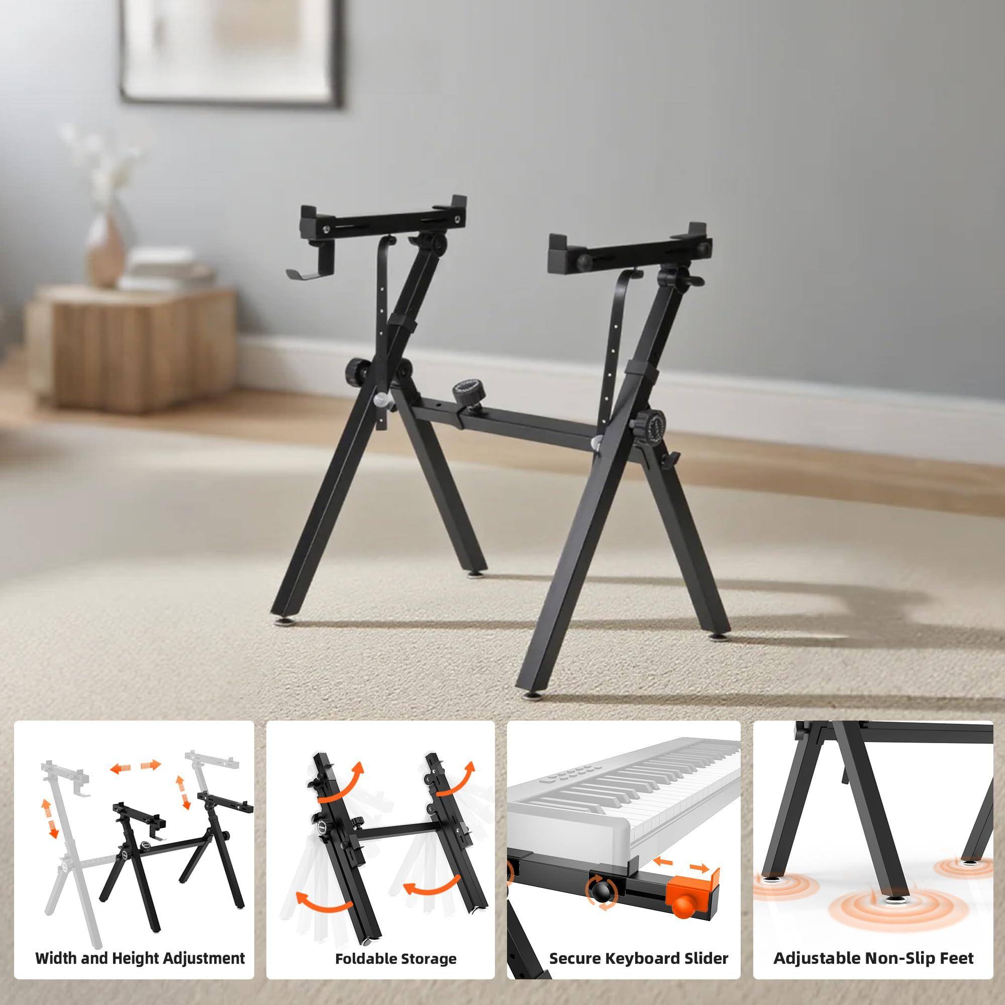 - Width and Height Adjustment
- Foldable Storage
- Secure Keyboard Slider
- Adjustable Non-Slip Feet