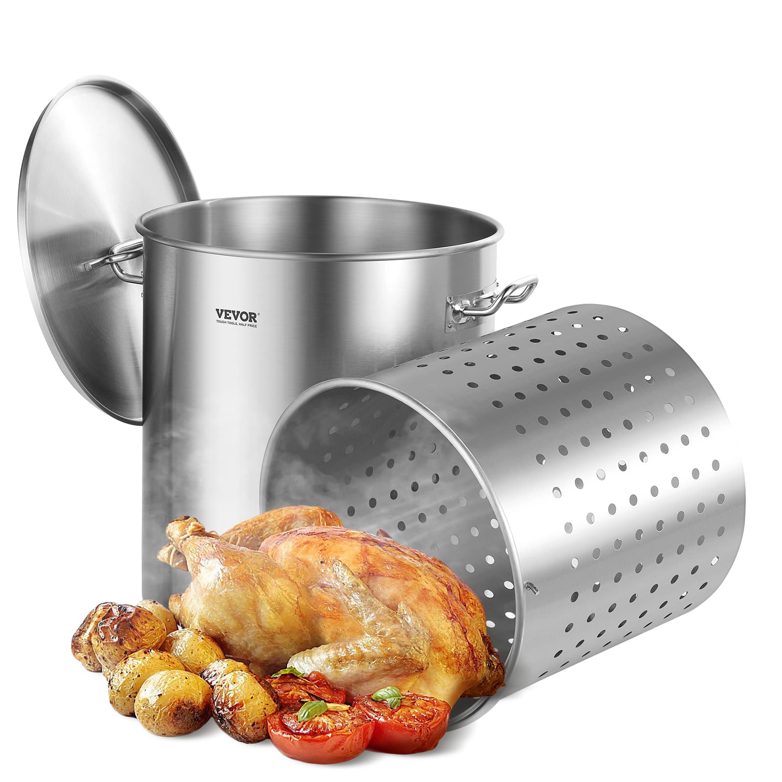 VEVOR - Stainless Steel Stockpot, 54L Large Cooking Pots, Cookware Sauce Pot with Basket, Lid, and Handle, Grade Stock Pot - Stainless steel color