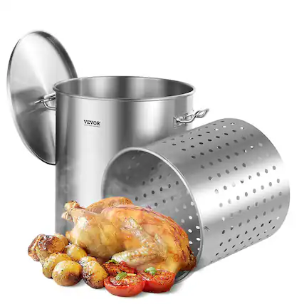 Front. VEVOR - Stainless Steel Stockpot, 54L Large Cooking Pots, Cookware Sauce Pot with Basket, Lid, and Handle, Grade Stock Pot - Stainless steel color.