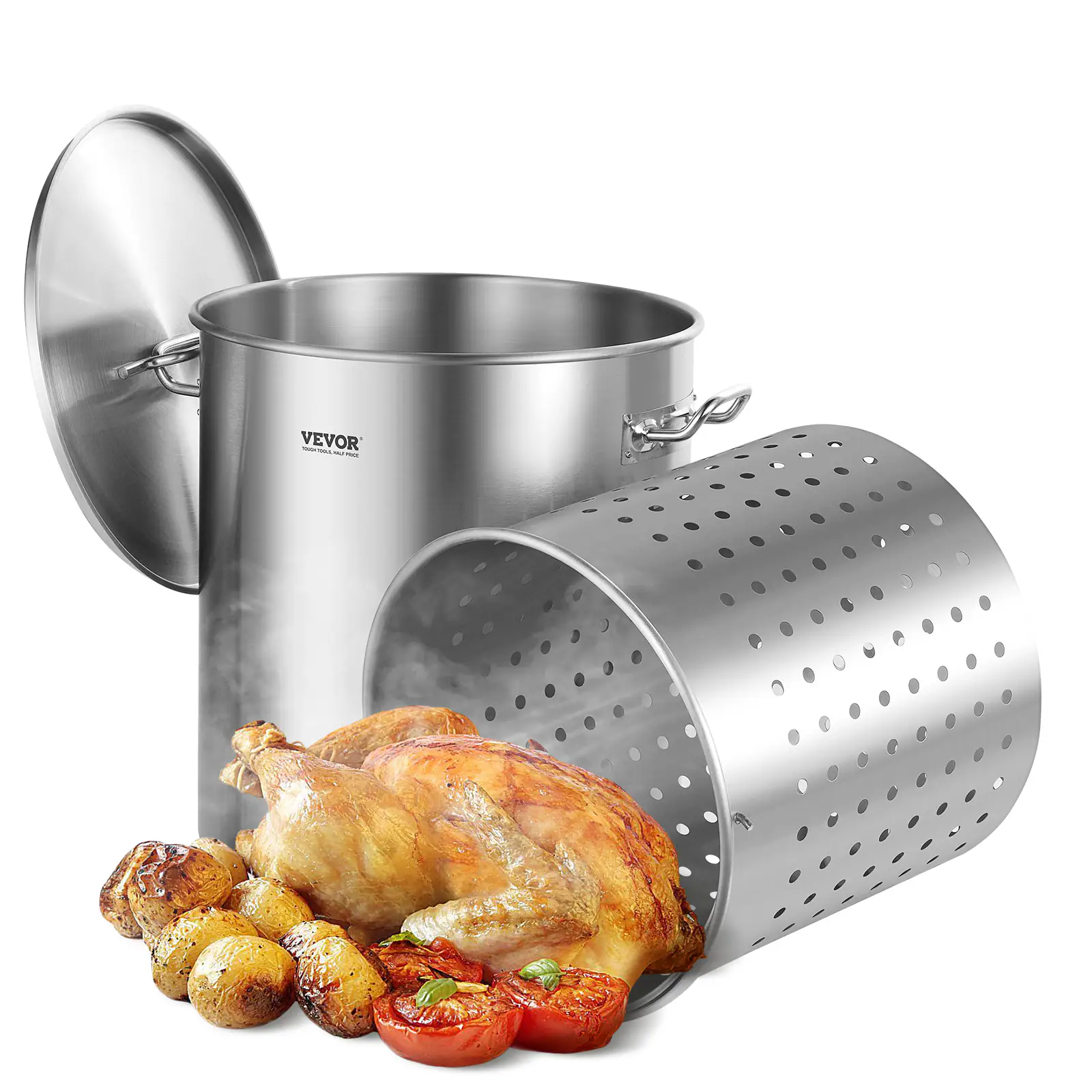 VEVOR - Stainless Steel Stockpot, 54L Large Cooking Pots, Cookware Sauce Pot with Basket, Lid, and Handle, Grade Stock Pot - Stainless steel color