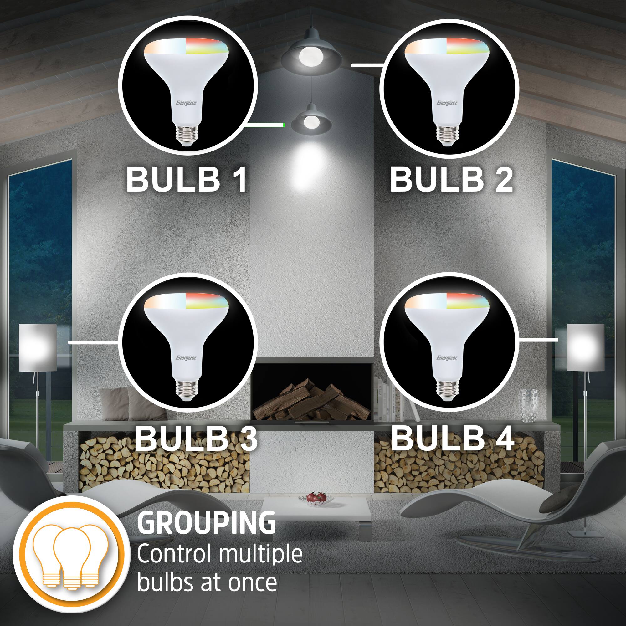BULB 1  
BULB 2  
BULB 3  
BULB 4  

GROUPING  
Control multiple bulbs at once