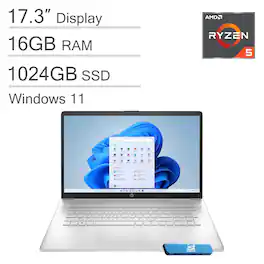 17 17.3" FHD Laptop - AMD Ryzen 5 with 16GB Memory - 1TB SSD - HP Fast Charge - Win 11 - Silver