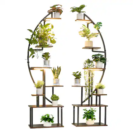 Front. VEVOR - Plant Stand Indoor with Grow Lights, 65.5 in Tall 7-Tiered Lighted Plant Shelf, 2 Pack Metal Corner Plants Holder - Brown + Black.