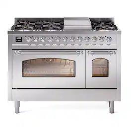 ILVE - Nostalgie II Series 48 in. Dual Fuel Range with 8 Sealed Burners + Griddle (Liquid Propane, Chrome Trim) - Stainless Steel
