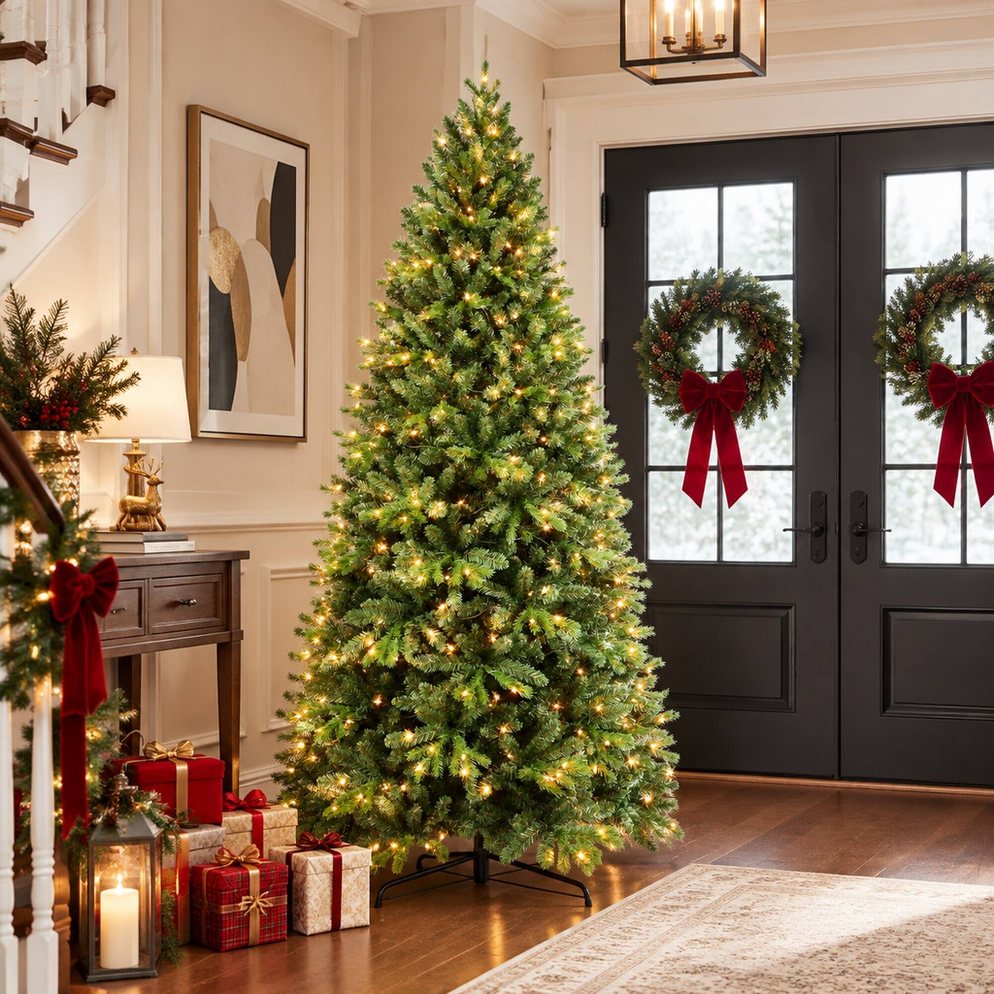 Alt View 2. RYHNUYNE - 6FT Pre-Lit Artificial Christmas Tree With 300 Warm White LED Lights and 1032 Tips, Hinged Metal Stand - Green.