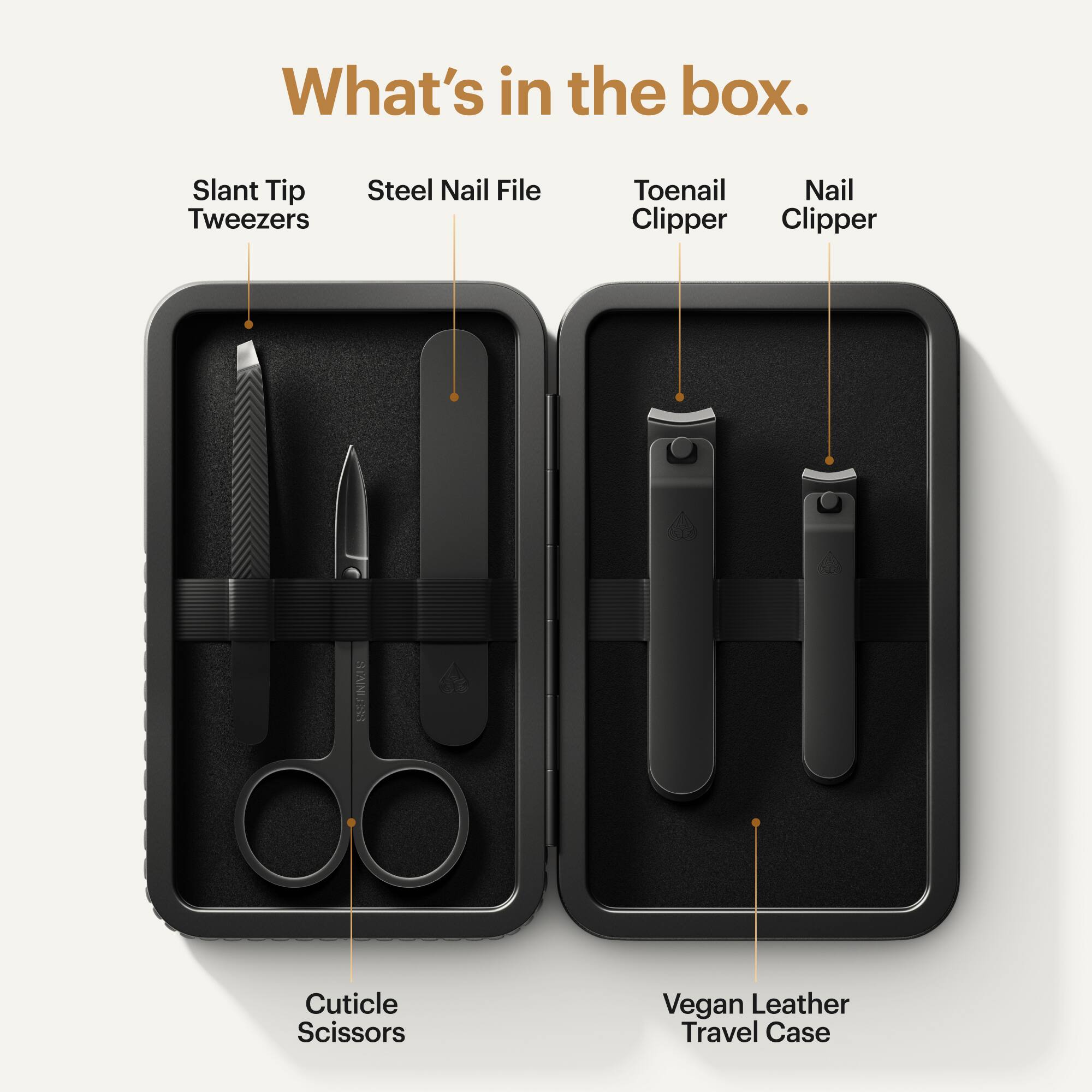 What's in the box: Slant Tip Tweezers, Steel Nail File, Toenail Nail Clipper, Clipper II, Cuticle Scissors, Vegan Leather Travel Case.