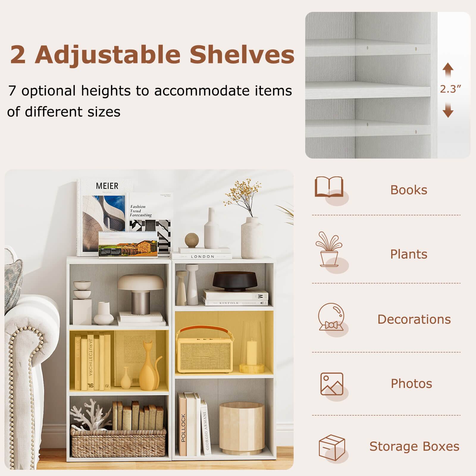 2 Adjustable Shelves  
7 optional heights to accommodate items of different sizes  

Books  
Plants  
Decorations  
Photos  
Storage Boxes