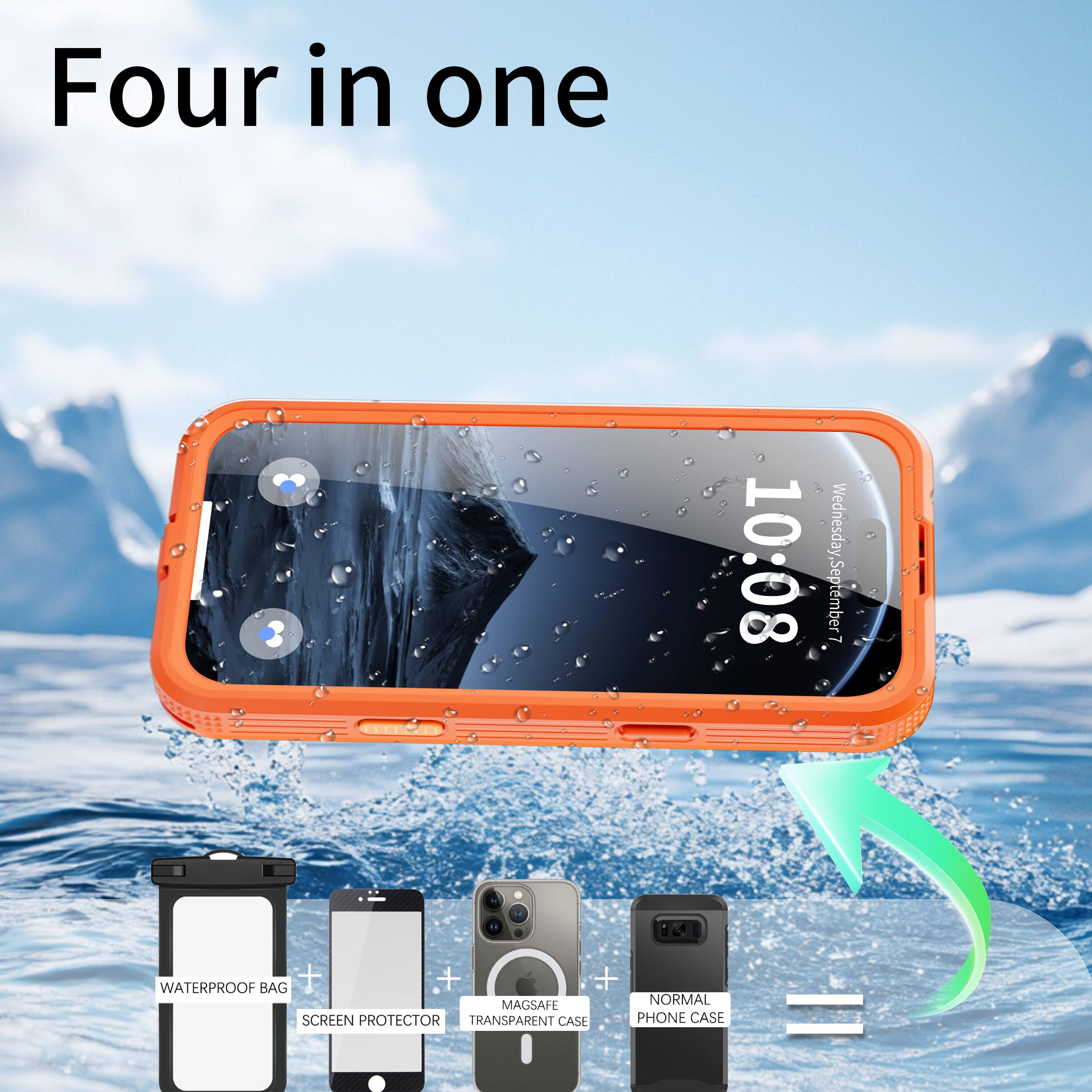 Four in one

3 10:08 Wednesday, September 7

WATERPROOF BAG + MAGSAFE SCREEN PROTECTOR + TRANSPARENT CASE + NORMAL PHONE CASE =