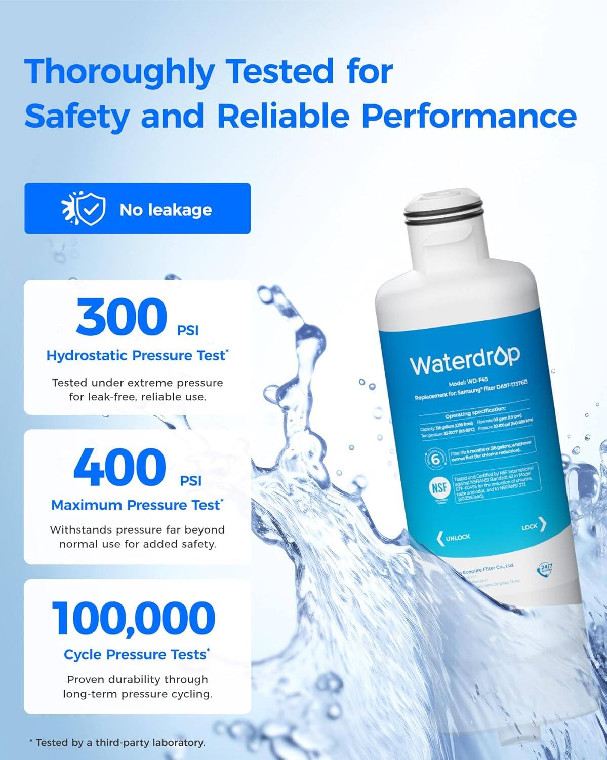 Thoroughly Tested for Safety and Reliable Performance

No leakage

300 PSI Hydrostatic Pressure Test*  
Tested under extreme pressure for leak-free, reliable use.

400 PSI Maximum Pressure Test*  
Withstands pressure far beyond normal use for added safety.

100,000 Cycle Pressure Tests*  
Proven durability through long-term pressure cycling.

*Tested by a third-party laboratory.

Waterdrop WD-F45  
Model DA97-773768  
Samsung* filter Replacement  
Operating specification:  
- Flow rate: 0.5 GPM (1.9 L/min)  
- Pressure: 200 PSI (13.8 BAR)  
- Capacity: 5% gallons (18.9 L)  
- Filter life: 6 months or 500 gallons, whichever comes first  
- Certified by NSF International  
- Model: NSF/ANSI Standard 372  
- NSF/ANSI Standard 60455  
- Reduces lead, chlorine, and other contaminants  

UNLOCK  
LOCK  

Filter Co., Ltd.  
Ecopure