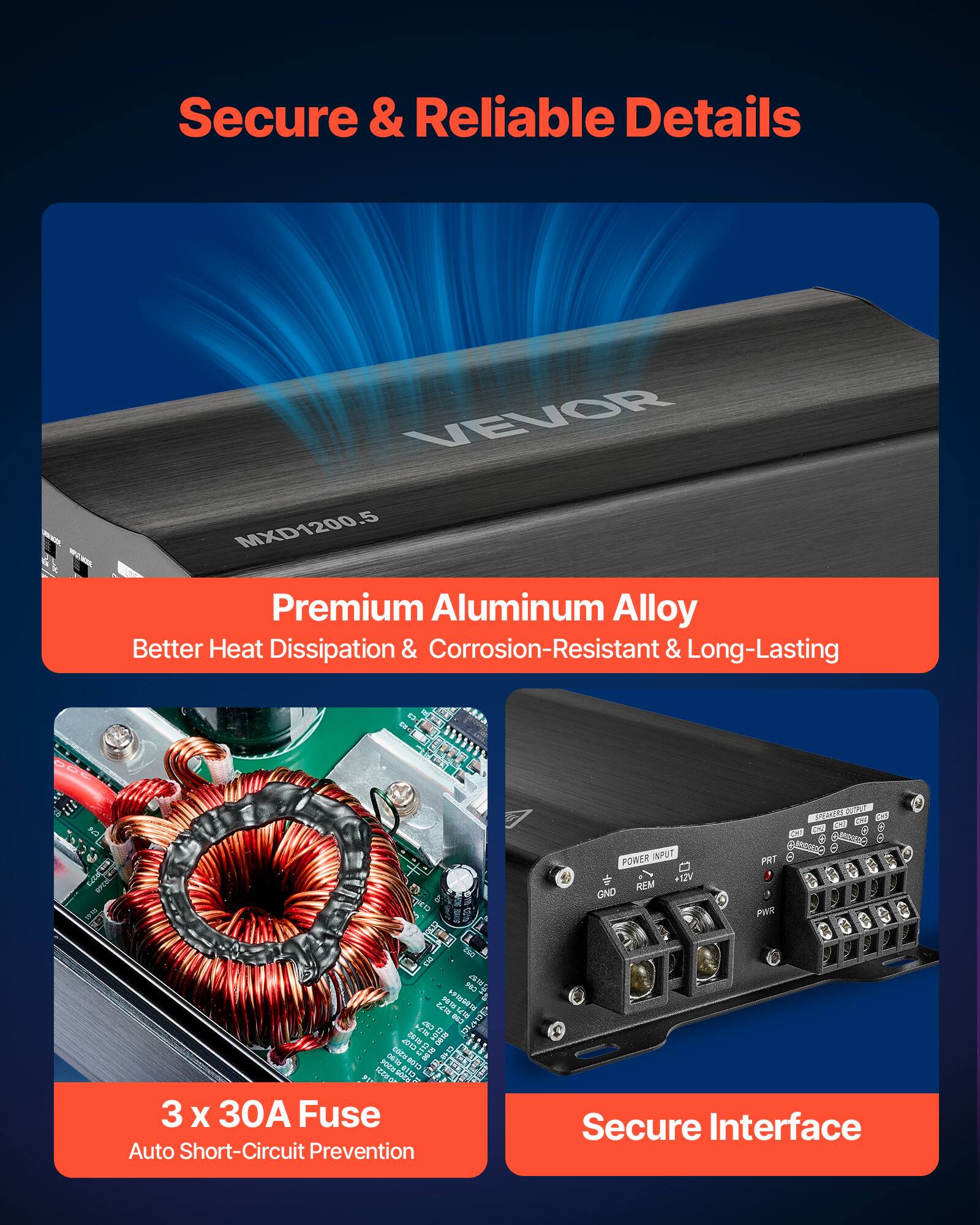 Secure & Reliable Details

VEVOR 5 MXD1200

Premium Aluminum Alloy
Better Heat Dissipation & Corrosion-Resistant & Long-Lasting

1 x 1915 THA POWER INPUT 12V REM GND PRT PAR

- Jd00 e   E 1  can AN  PT  - Ua tUe d N   2010 D ET toca mS S1 CO I I CM

3 x 30A Fuse
Auto Short-Circuit Prevention

Secure Interface