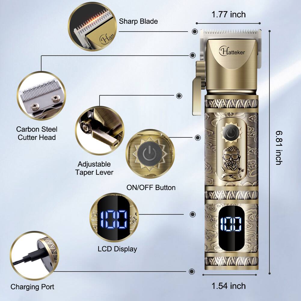Sharp Blade
1.77 inch
Hatteker
Carbon Steel Cutter Head
Adjustable Taper Lever
ON/OFF Button
6.81 inch
LCD Display
Charging Port
1.54 inch