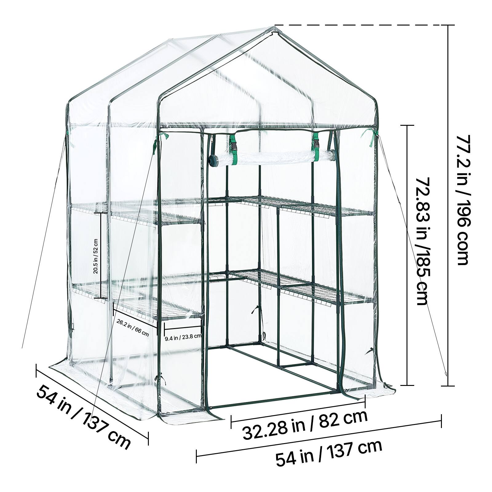 - 54 in / 137 cm
- 20.5 in / 52 cm
- 26.2 in / 66 cm
- 9.4 in / 23.8 cm
- 72.83 in / 185 cm
- 77.2 in / 196 cm
- 32.28 in / 82 cm